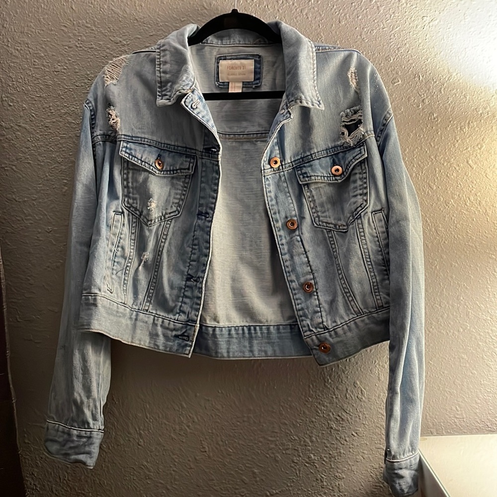 Forever21 Classic Denim Distressed Jean Jacket